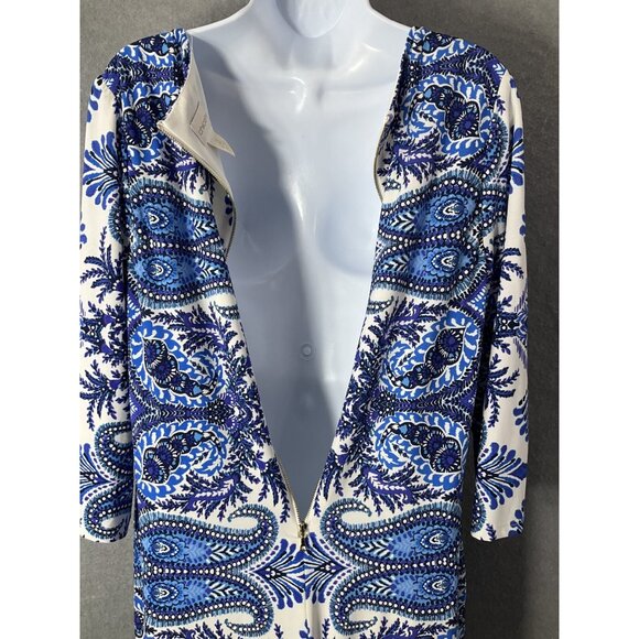 Chico's Dress Womens Sz 2 (12 US) Classic Boho Paisley Blue White Resort Summer - Picture 4 of 10